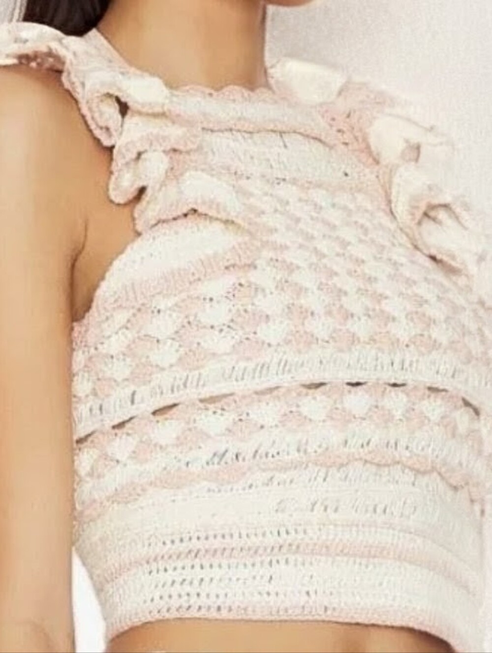 Zimmermann Pale Pink Crochet Ruffle Halter Crop Top